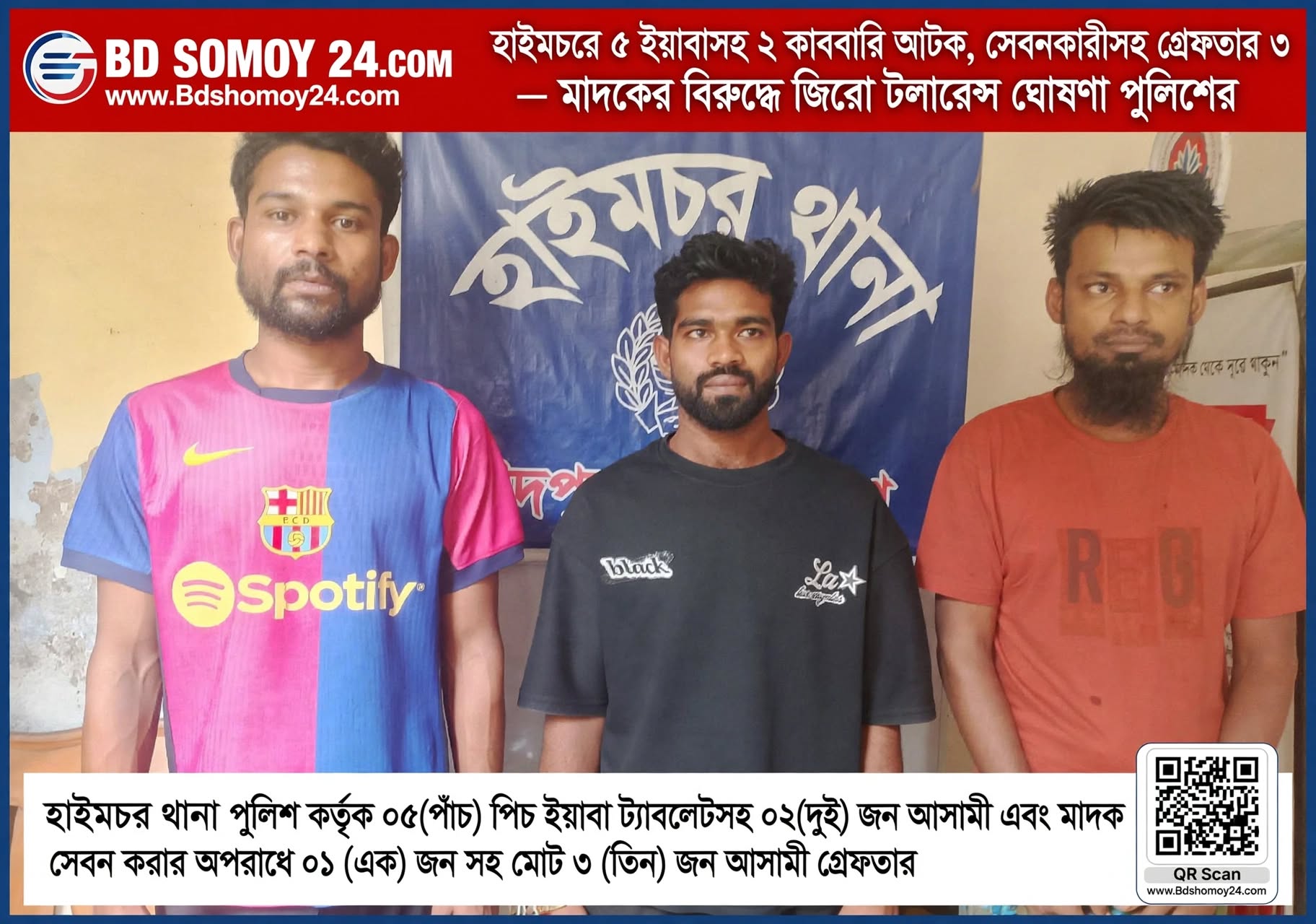 হাইমচরে ৫ ইয়াবাসহ ২ কারবারি আটক, সেবনকারীসহ গ্রেফতার ৩ — মাদকের বিরুদ্ধে জিরো টলারেন্স ঘোষণা পুলিশের